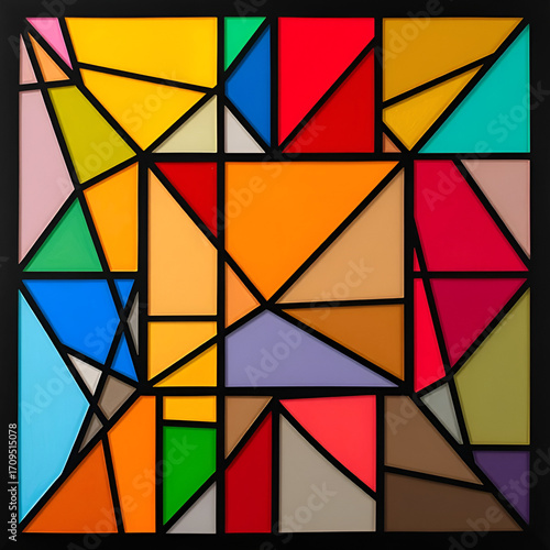 Abstract geometric composition featuring colorful triangles and rectangles outlined in black, creating a stained glass effect.