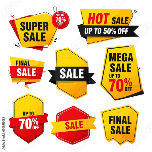 A collection of colorful, modern sale banners and promotional tags with various discount offers.