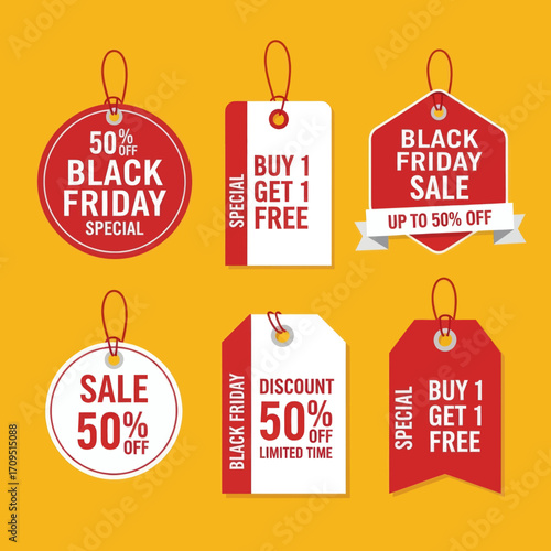 A collection of six red and white Black Friday and sale tags with various discounts and offers, displayed on a yellow background.