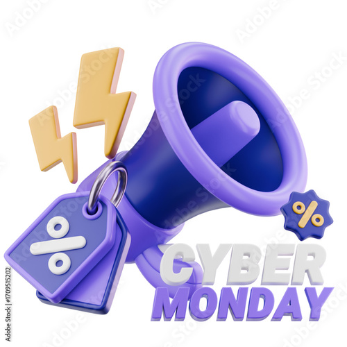 Cyber Monday Sale Promotion with Megaphone and Discount Tags, Announcing Big Savings and Special Offers for Online Shoppers Everywhere
