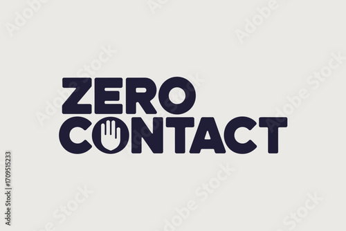 Zero contact text with a hand inside the letter o in dark blue against a light pale background design