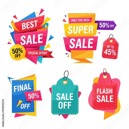 Colorful promotional sale badges and labels with various discounts and offers for retail.