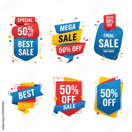 A vibrant collection of six modern sale banners and promotional tags offering 50% off discounts for retail.