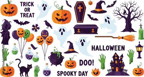Vector art of halloween elements set with pumpkins, ghosts and spooky objects