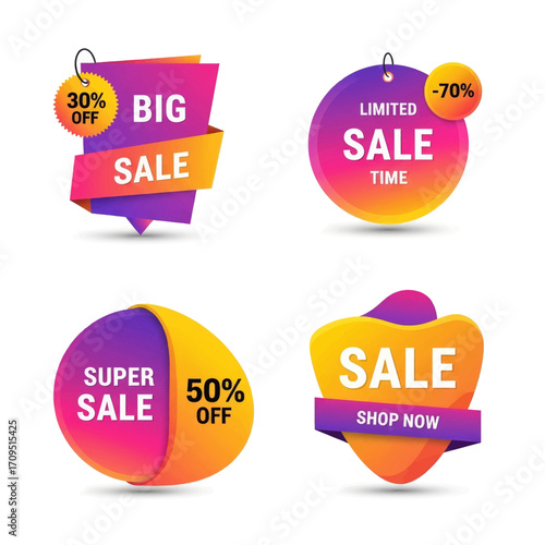 A collection of four vibrant sale tags and banners with different discount percentages and calls to action, perfect for retail promotions.