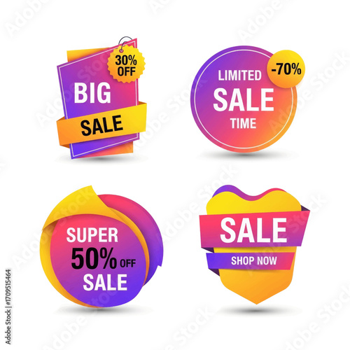 Four colorful sale stickers with different discounts and messages.