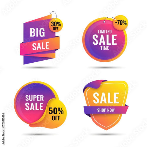 Four colorful sale banners with discounts and text.