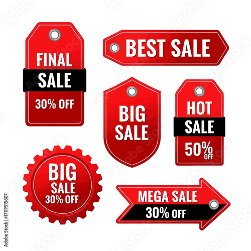 Collection of various red sale tags with different text and percentage discounts.