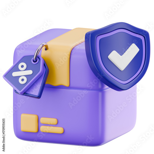 A 3D render of a secure shipping parcel with a warranty shield and a promotional discount tag, representing safe online shopping and insured delivery