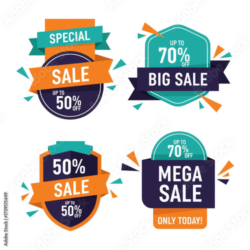 A collection of four colorful, modern flat design sale badges and labels for retail promotions and discounts.