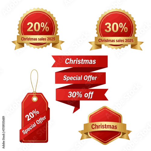 Festive Christmas sales promotion badges and tags with discount percentages and offers.