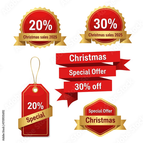 Christmas sales and special offer labels and tags in red and gold.