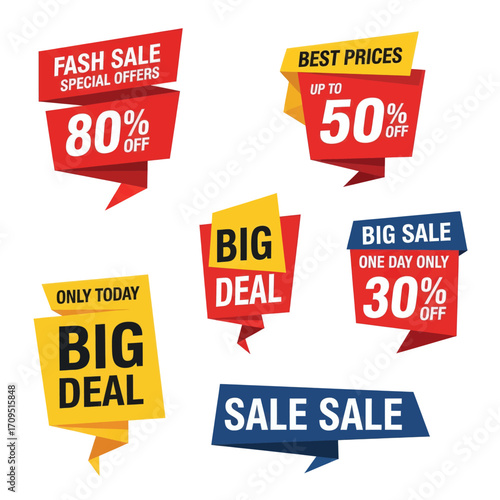 A collection of colorful promotional sale and discount tags with various percentages off and special offers, ideal for retail marketing.