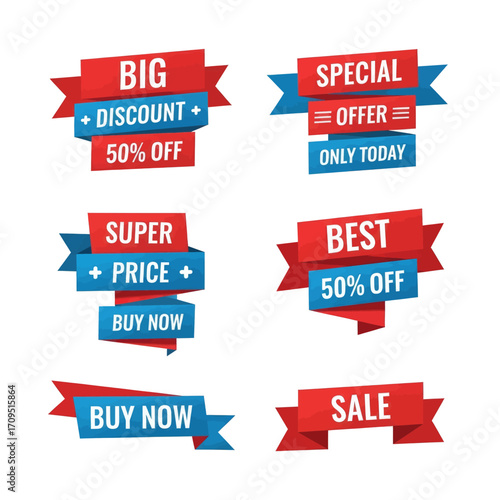Collection of red and blue sale ribbons with various promotional text for discounts and offers.