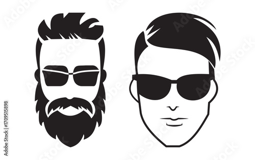 "Hipster Men Hairstyles and Beard Styles Collection – Vintage Vector Silhouette of Mustache and Haircuts Icons"