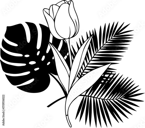Elegant floral arrangement featuring a tulip and tropical leaves for sophisticated design projects