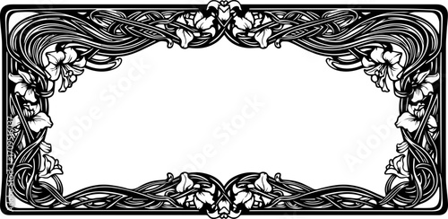Elegant art nouveau floral border design with swirling lines and blooming flowers, perfect for invitations.