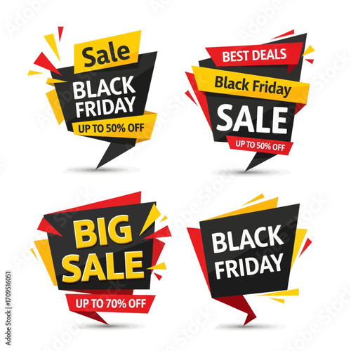 Promotional graphics for Black Friday sales events, featuring discounts and offers.