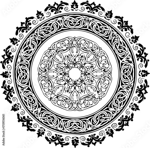 Intricate Celtic knotwork mandala design radiates timeless elegance and cultural heritage in detailed black and white.