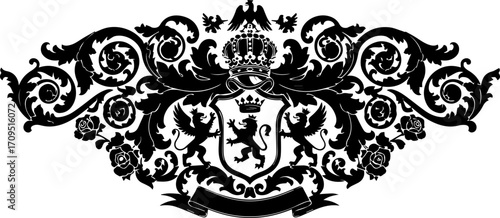 Elegant heraldic crest with lion griffins and crown symbolizes power prestige and historical legacy