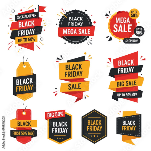 Twelve Black Friday sale banners with various designs and text.