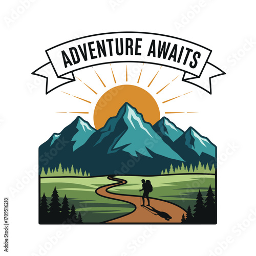 Mountain hiker with backpack and sunrise hiking mountains