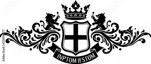 Elegant heraldic crest with lions, crown, shield, and ornate scrolls symbolizes heritage and prestige