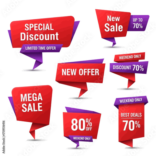 Collection of red and purple sale banners with various discount offers.