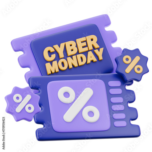 Realistic 3D illustration of purple Cyber Monday sales event tickets, featuring promotional discount coupons and percentage symbols for e-commerce
