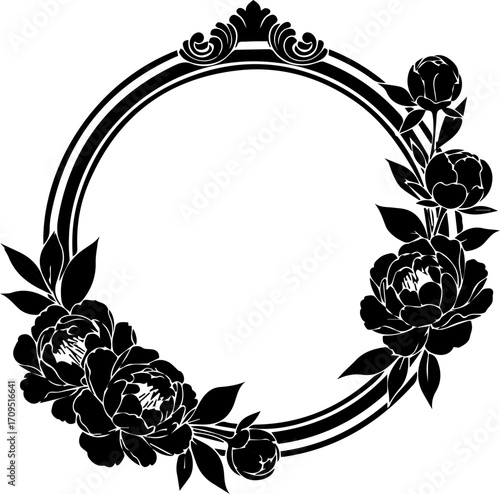 Elegant black floral frame with ornate crown offers vintage charm for invitations, stationery, and branding.