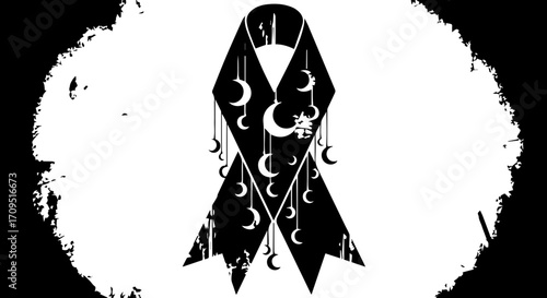 Symbol of hope and awareness featuring a black ribbon with delicate crescent moon charms and puzzle piece accent