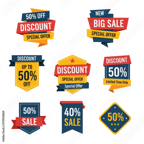 A collection of colorful discount and sale badges with various percentages and special offer texts, designed for promotions.