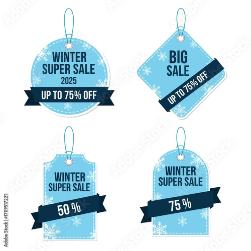 Four blue winter sale tags with various discounts.