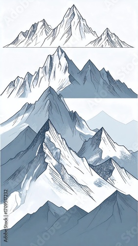 Four stages of mountain drawing, from light sketch to detailed shading, showcasing snowy peaks