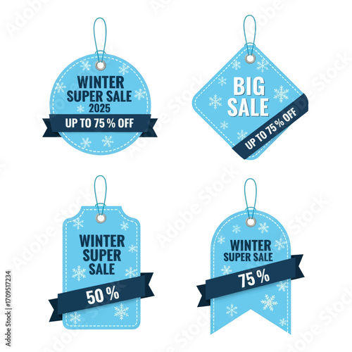 Four blue winter sale tags with snowflake patterns and discount percentages displayed.