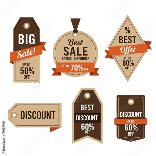 Vintage style sale tags with various discounts.