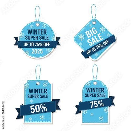 Four blue winter sale tags with snowflakes and percentage discounts.