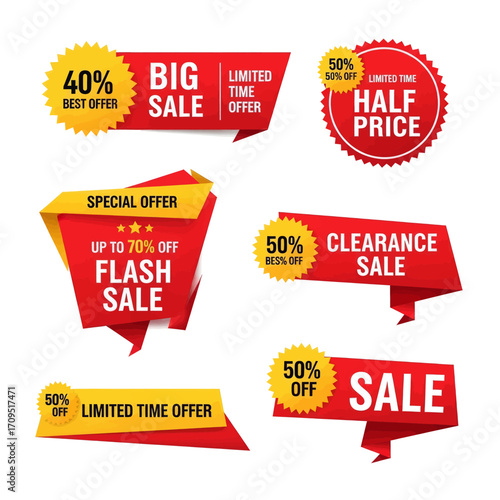 Collection of sale and discount badges, stickers, and ribbons in red and yellow.