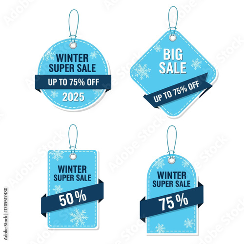 Four blue winter sale tags with various discounts.