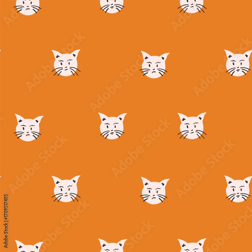 Hand drawn cat faces as a polka pattern as a minimal Halloween spooky scene in colors of black and off white on orange background. Holiday seamless vector pattern. Great for home decor, fabric, gifts.