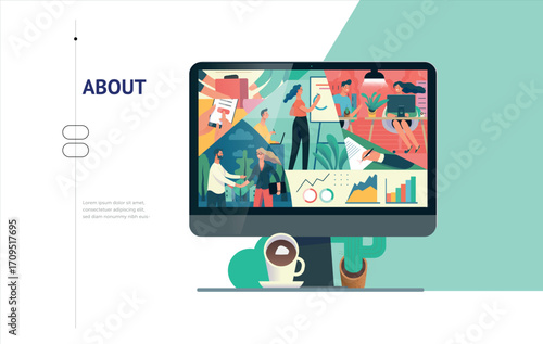 E-commerce information vector graphic A laptop with a “About” screen showing a colorful scene, on a light background