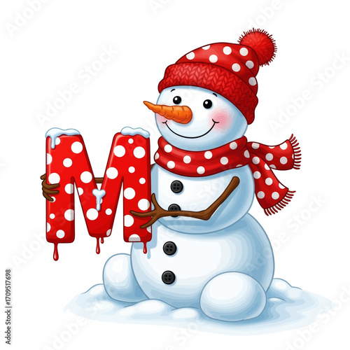 A cheerful snowman wearing a red polka-dot hat and scarf, holding a melting red letter 'M' in a snowy setting.