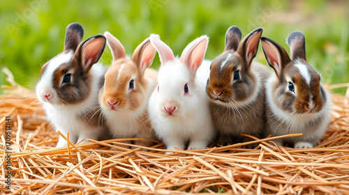 Five small adorable rabbits, baby fluffy rabbits sitting on dry straw,green nature background.bunny pet animal farm concept