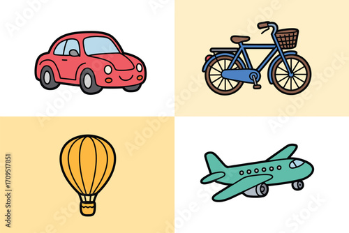 A cartoon illustration featuring a red car, a blue bicycle, a yellow hot air balloon, and a green airplane