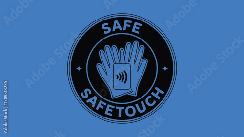 Illustration of a safetouch logo with gloves and a contactless payment symbol inside a circle
