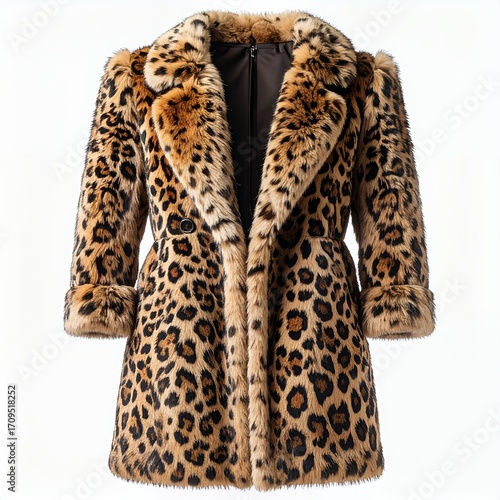 Elegant leopard print faux fur coat with a double-breasted closure on a white background