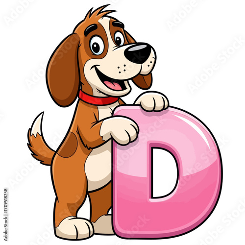 A cute cartoon dog with a red collar stands happily next to the large, shiny pink letter D.