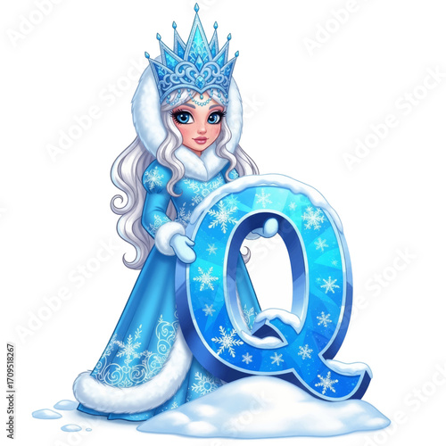 Cartoon ice queen character in a blue and white gown with a crown, holding a large icy letter Q with snowflakes on a white background.
