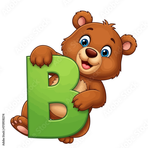 Cartoon bear holding a green letter B, smiling and looking friendly.