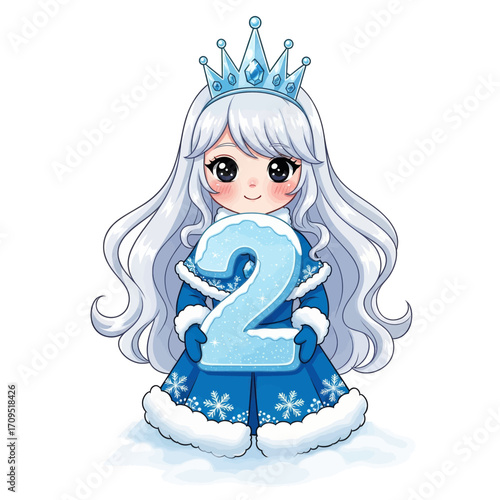 Cute chibi snow queen with long white hair holding a frozen number two.